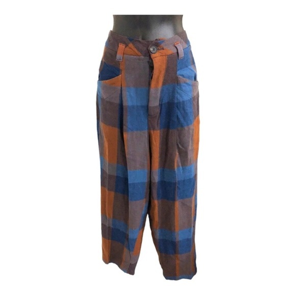Free People cass brown blue plaid look slouchy midrise tapered trouser pants sz4 - Picture 1 of 13
